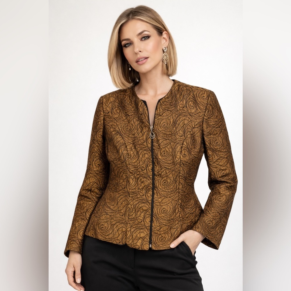 Joseph Ribkoff Bronze Black Swirl Jacket Textured Zip Blazer Size 10